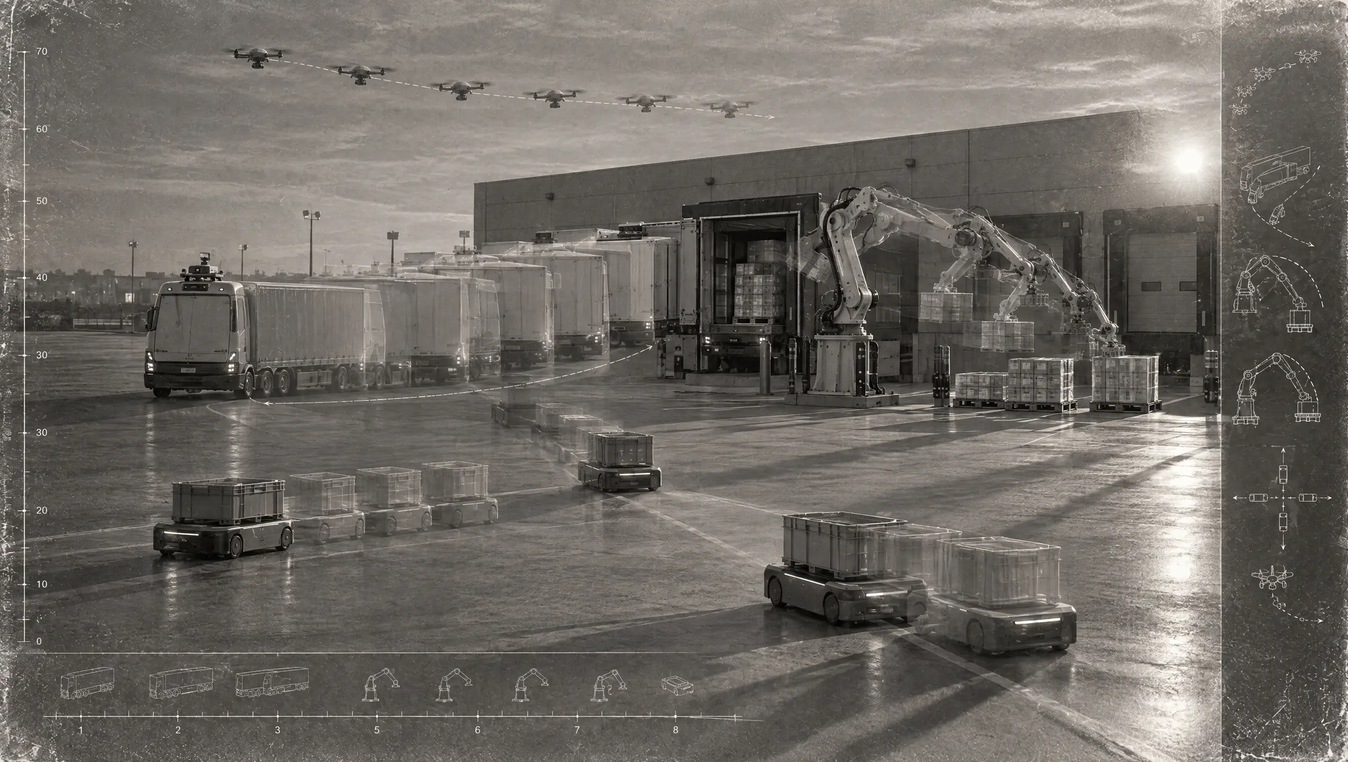 Autonomous trucks, drones and robots work in a logistics yard.