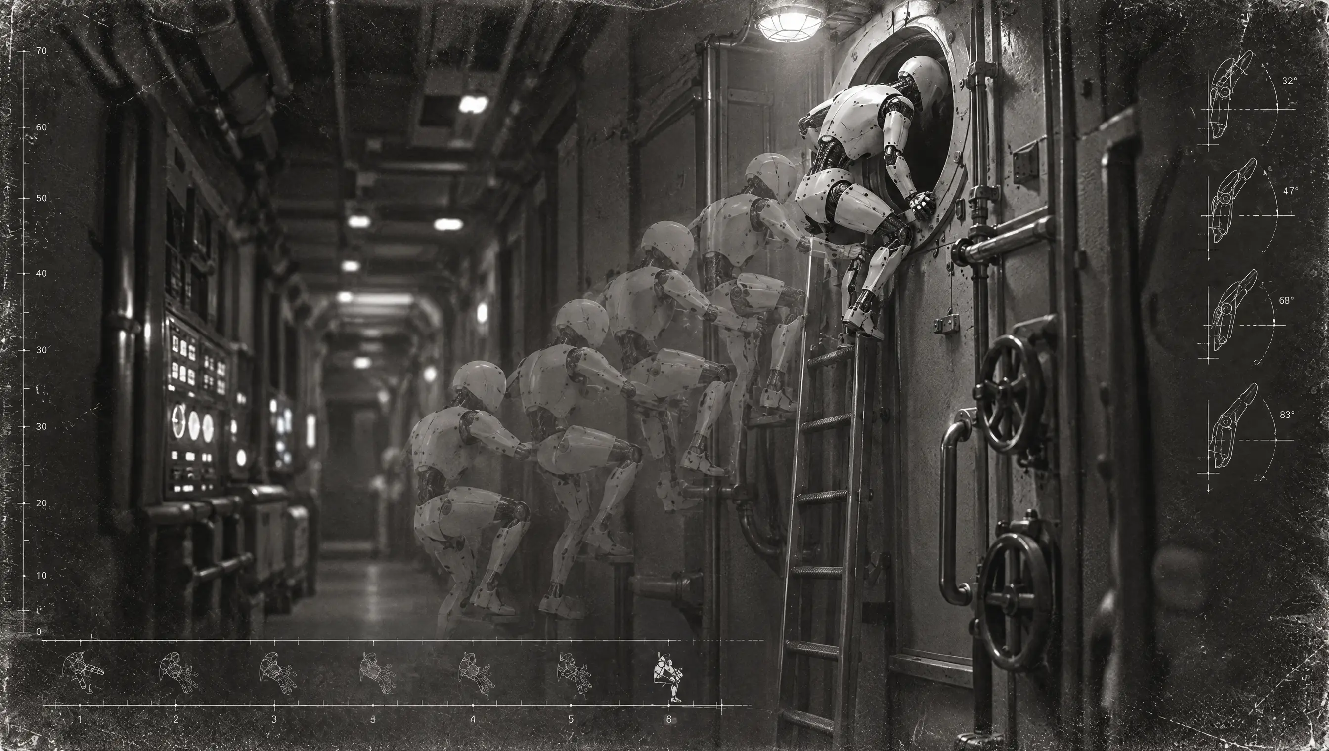 A repeated-motion study of a humanoid robot maintaining machinery in an industrial corridor.
