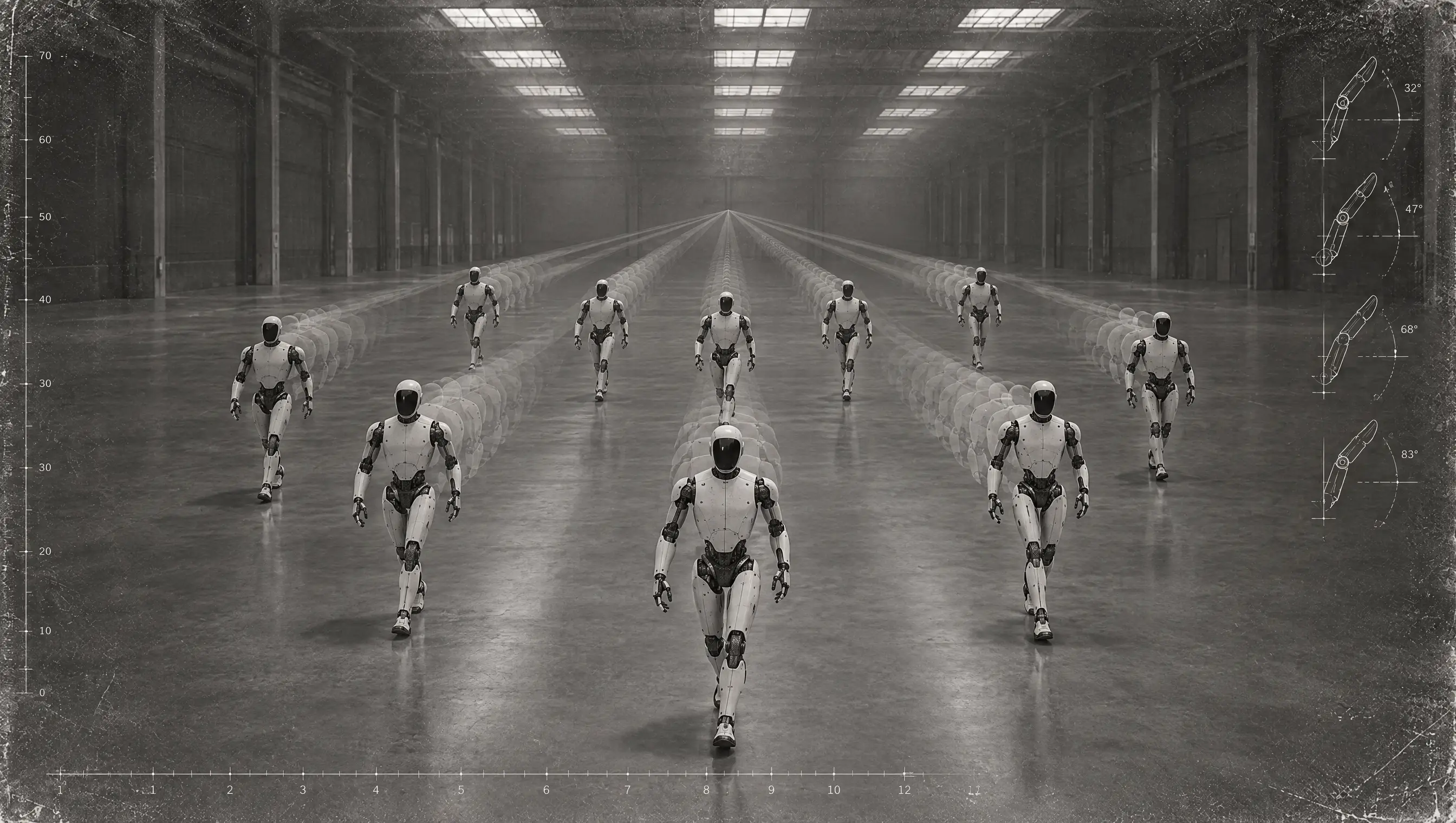 A motion study of humanoid robots crossing a vast industrial training hall.