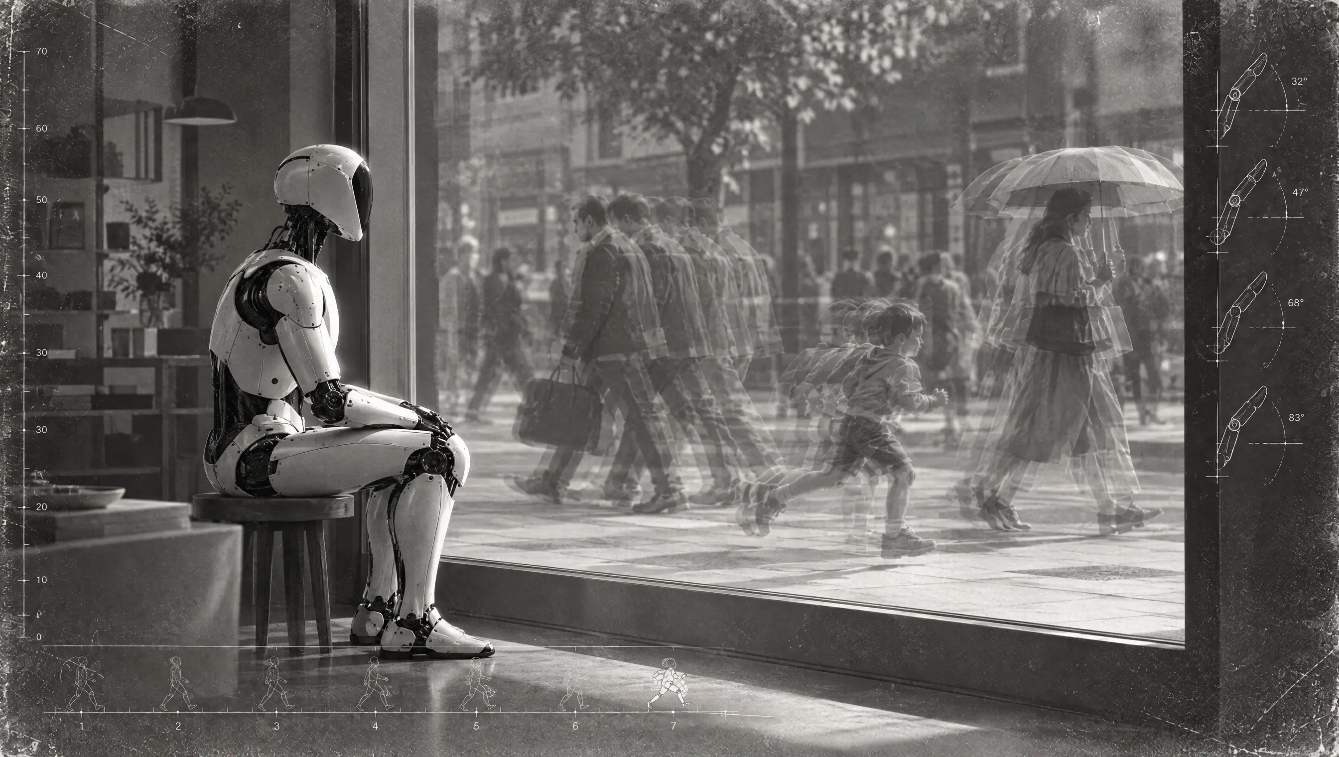 A seated humanoid robot observes the motion of people through a city window.