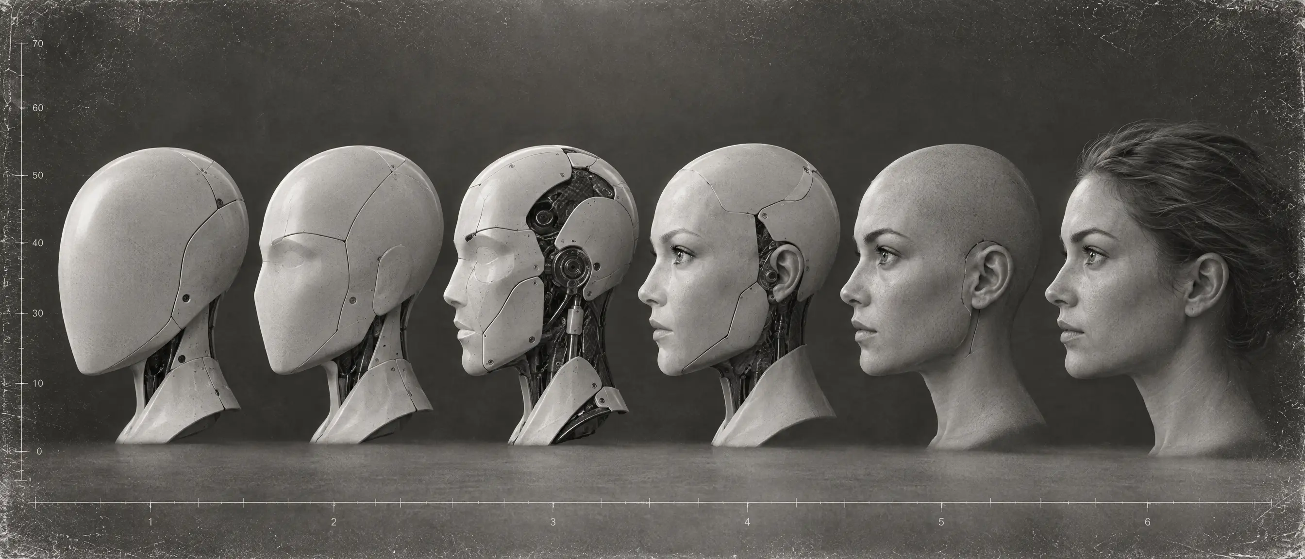 A study of robotic and human profiles showing a progression from machine perception to human form.