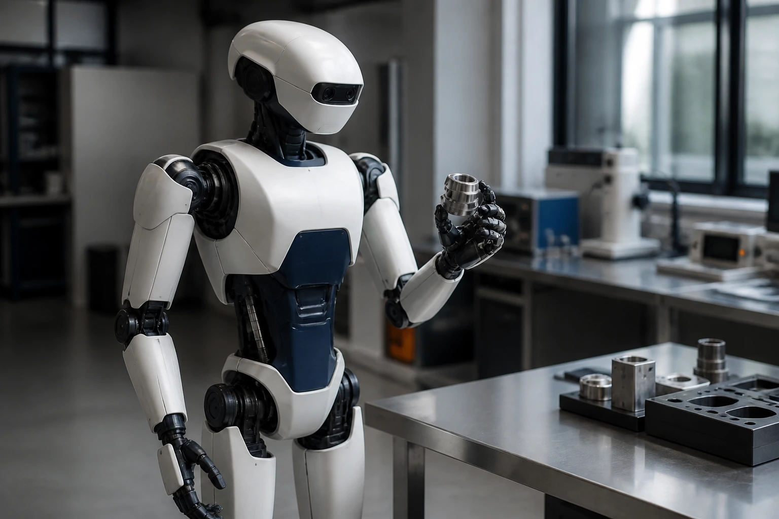 Humanoid robot handling a small component at a laboratory workbench