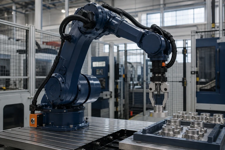 Industrial robotic arm working with a component
