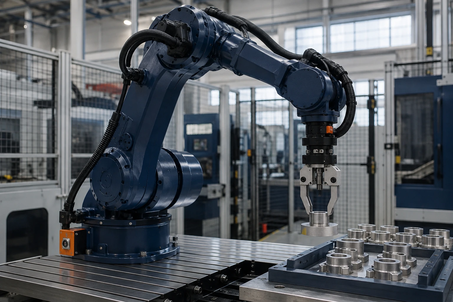 Industrial robotic arm manipulating a component in a factory workstation