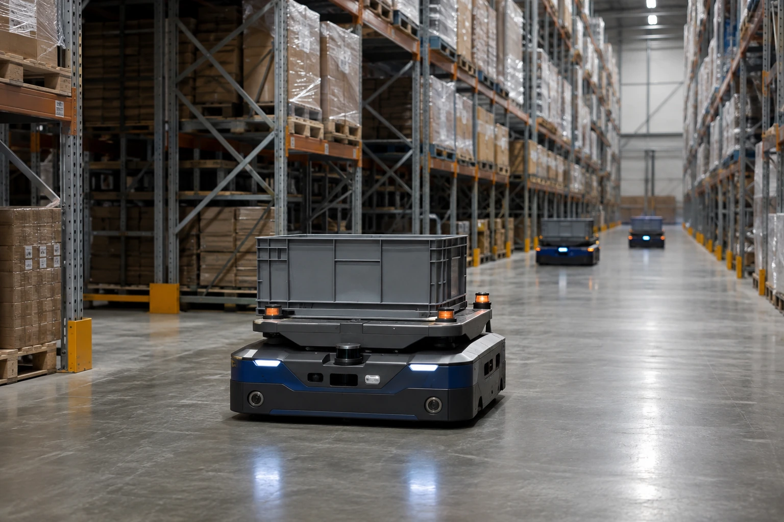Autonomous mobile robots navigating warehouse shelving