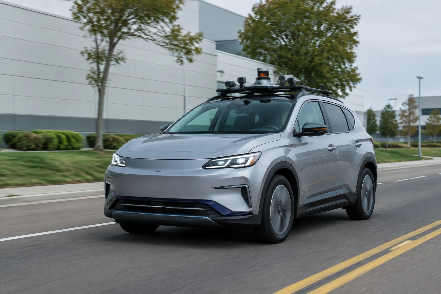 Autonomous test vehicle equipped with roof-mounted lidar on a road
