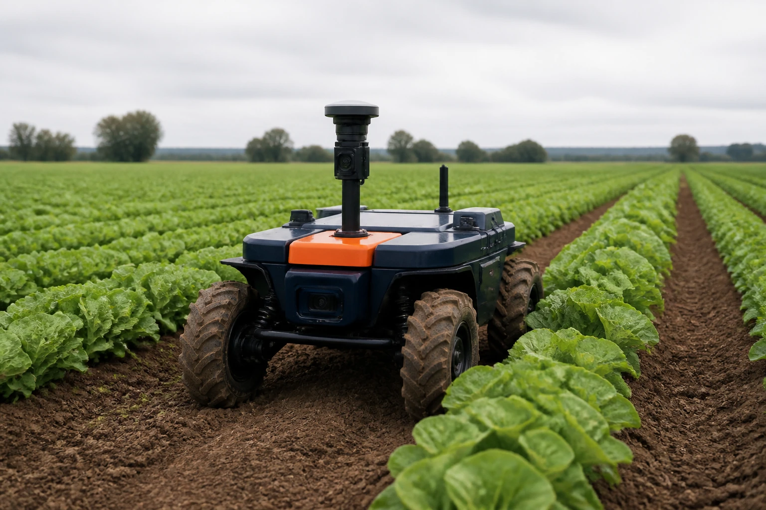 Agricultural robot moving between crop rows