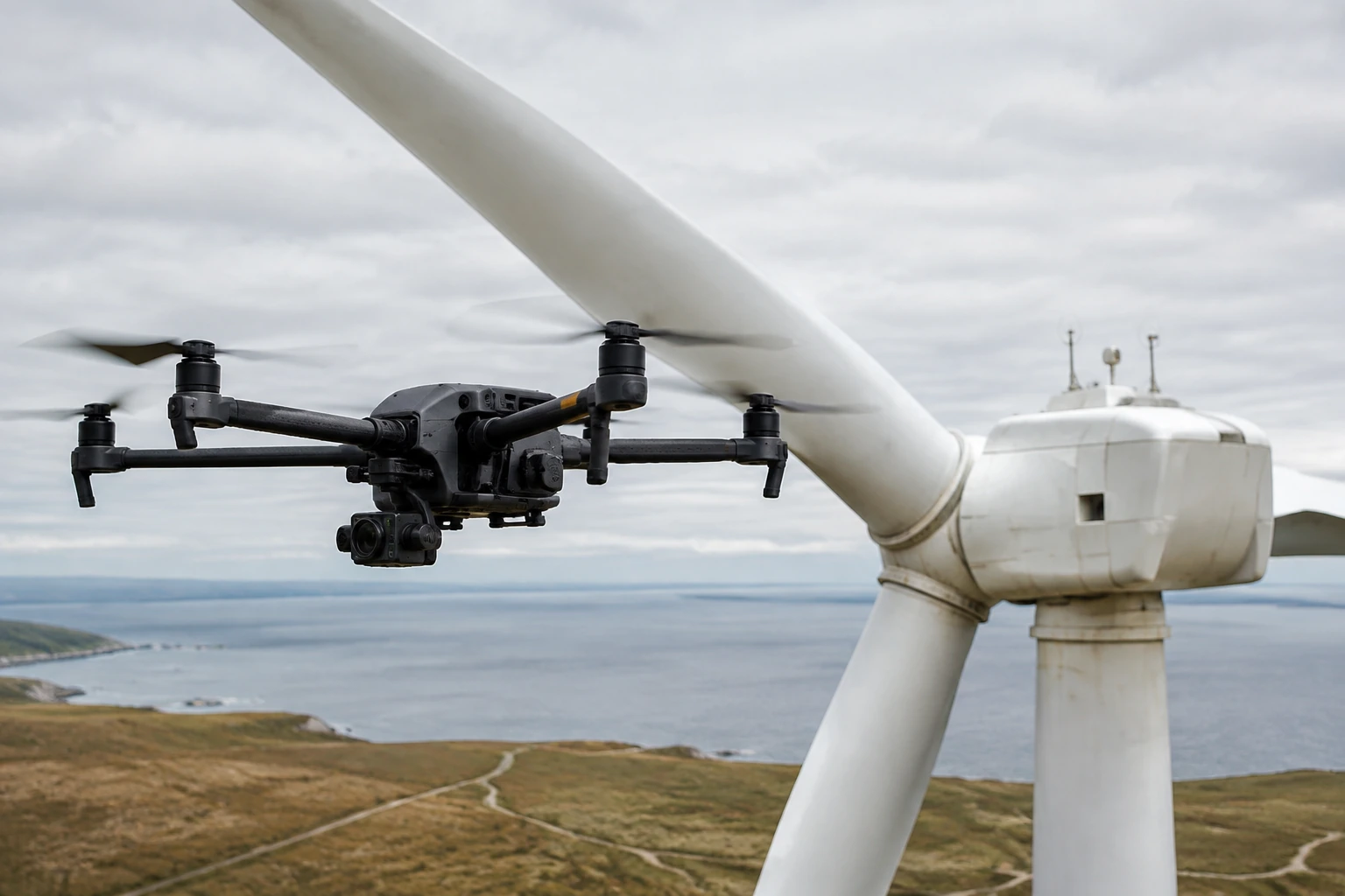 Inspection drone flying beside a wind turbine
