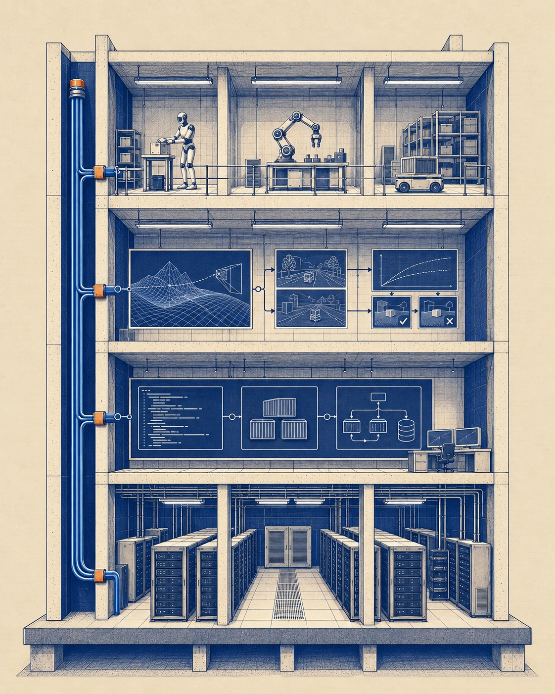 Four connected architectural levels rise from a GPU data center through software and model-development environments to robotics applications. A continuous shared backbone supplies each level.