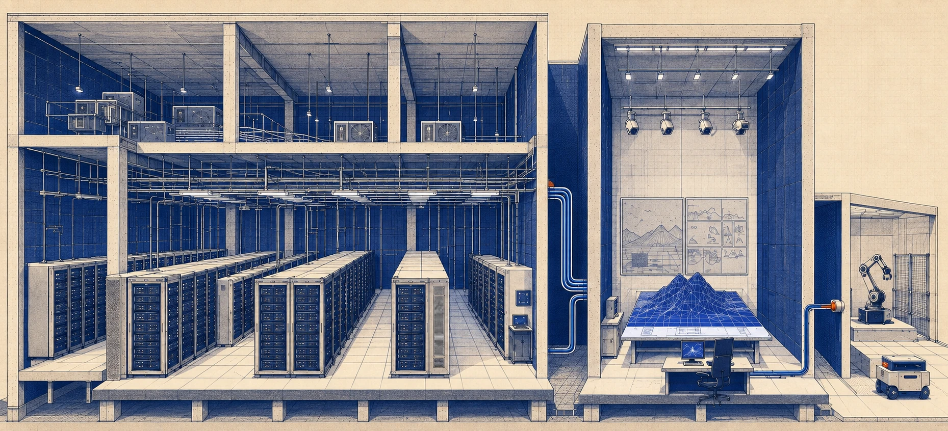 An architectural cutaway connecting cloud compute racks, simulation and a small target-hardware testing space