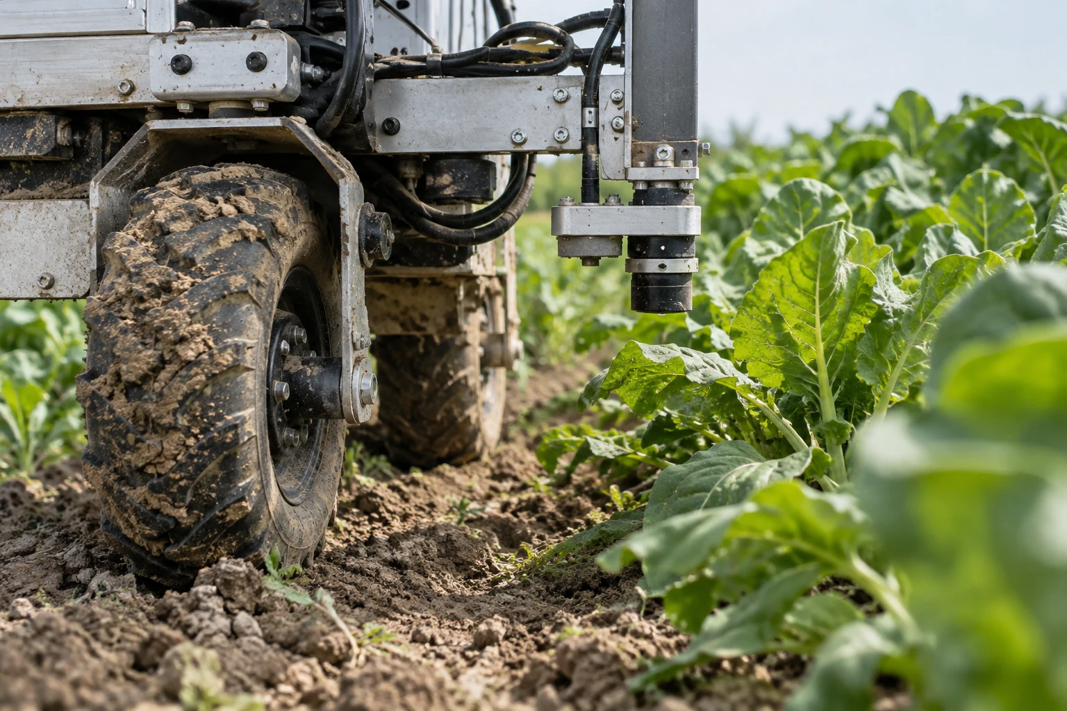 Agricultural robot sensors inspecting plants beside a crop row