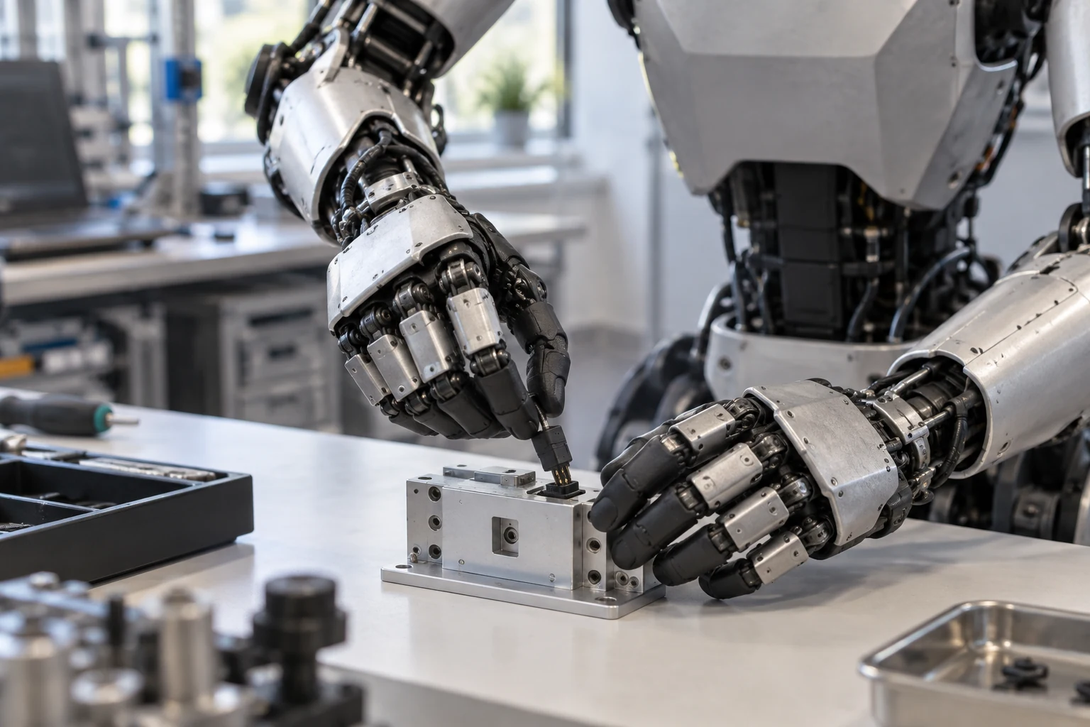 Humanoid robot hands positioning a connector in a laboratory fixture