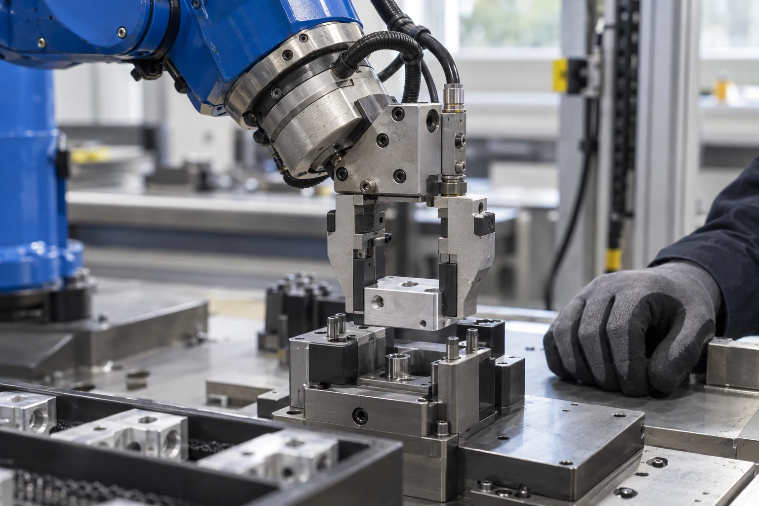 Industrial gripper positioning a machined component in a fixture