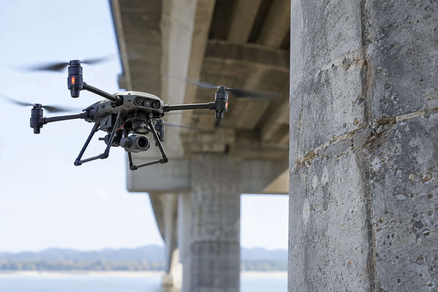 Drone camera inspecting the surface of a concrete bridge support