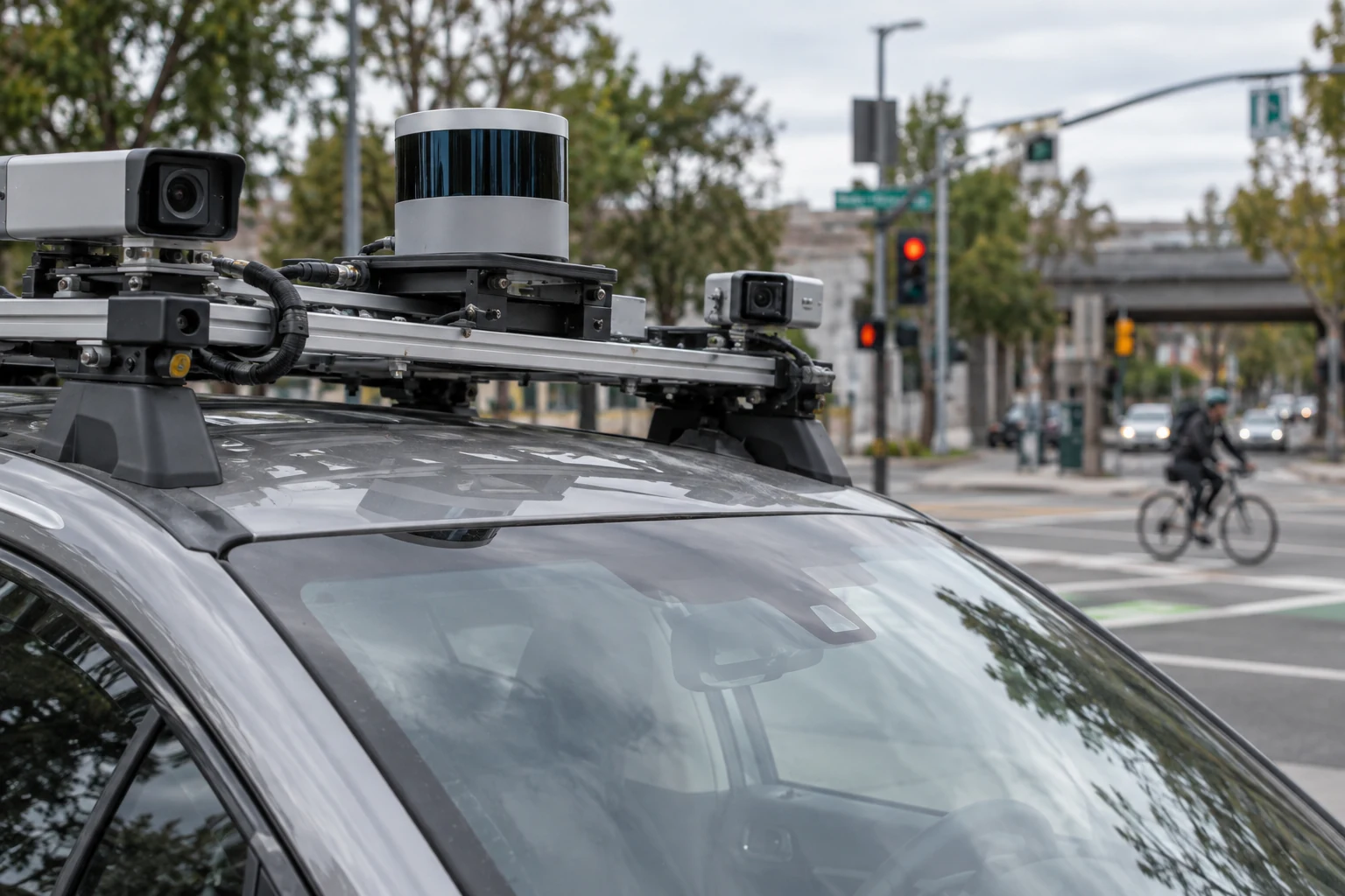 Cameras and lidar on a test vehicle facing a road intersection