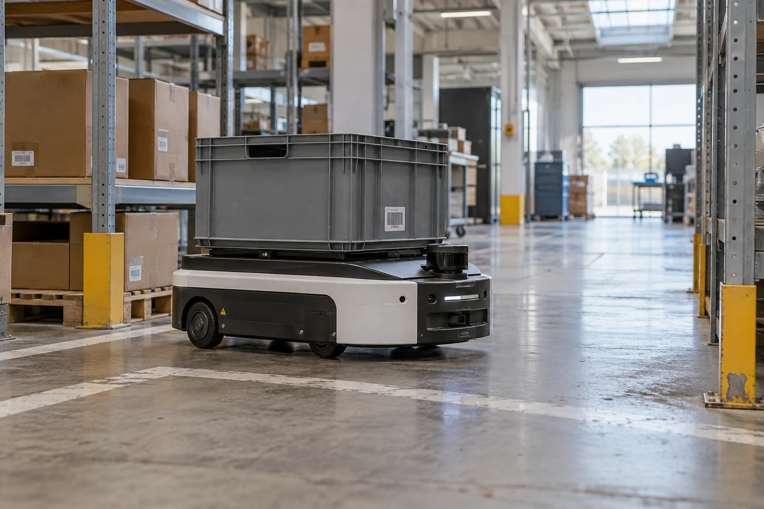 Autonomous mobile robot carrying a tote through a warehouse junction
