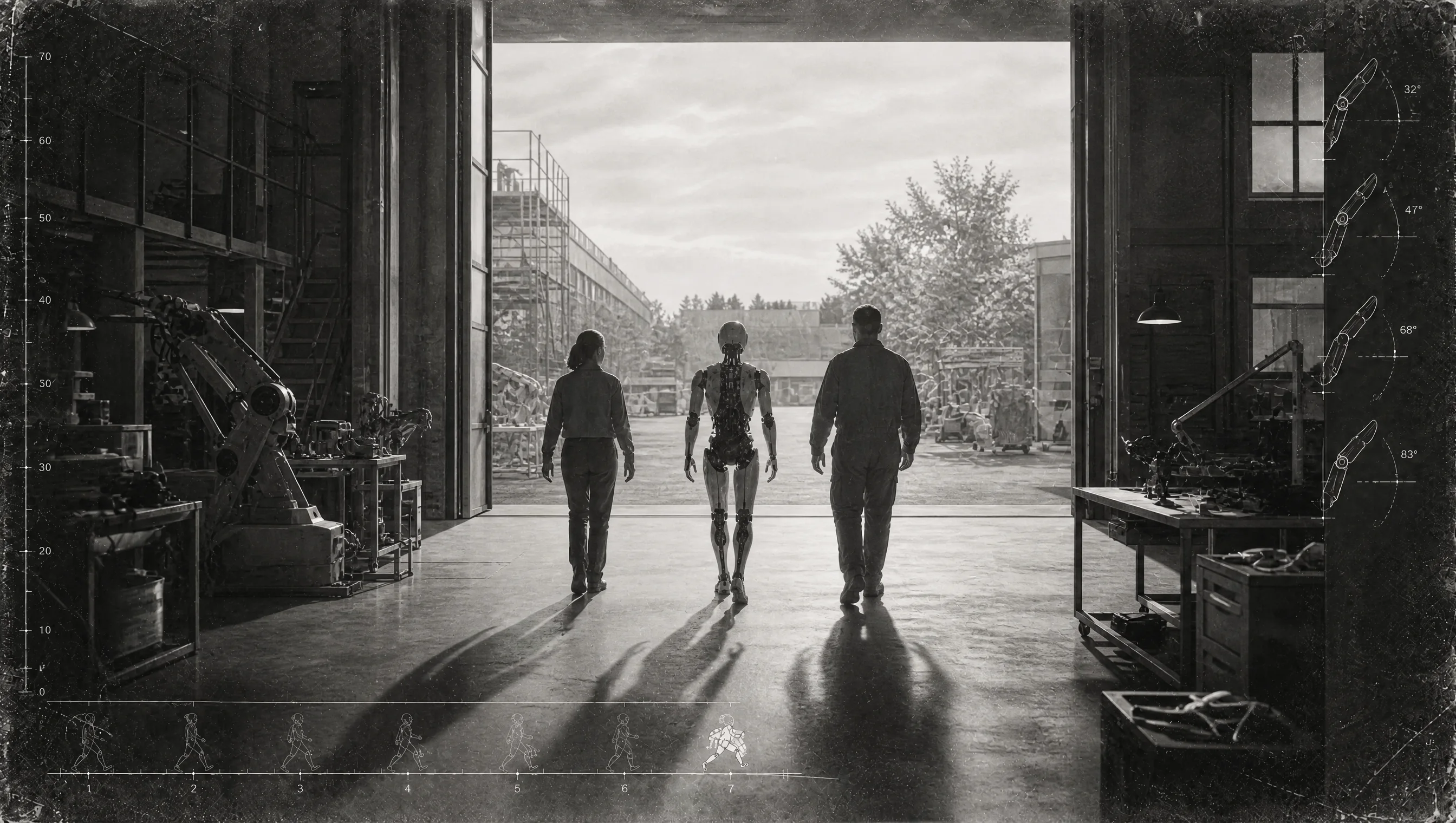 Researchers and a humanoid robot approach an open workshop doorway.