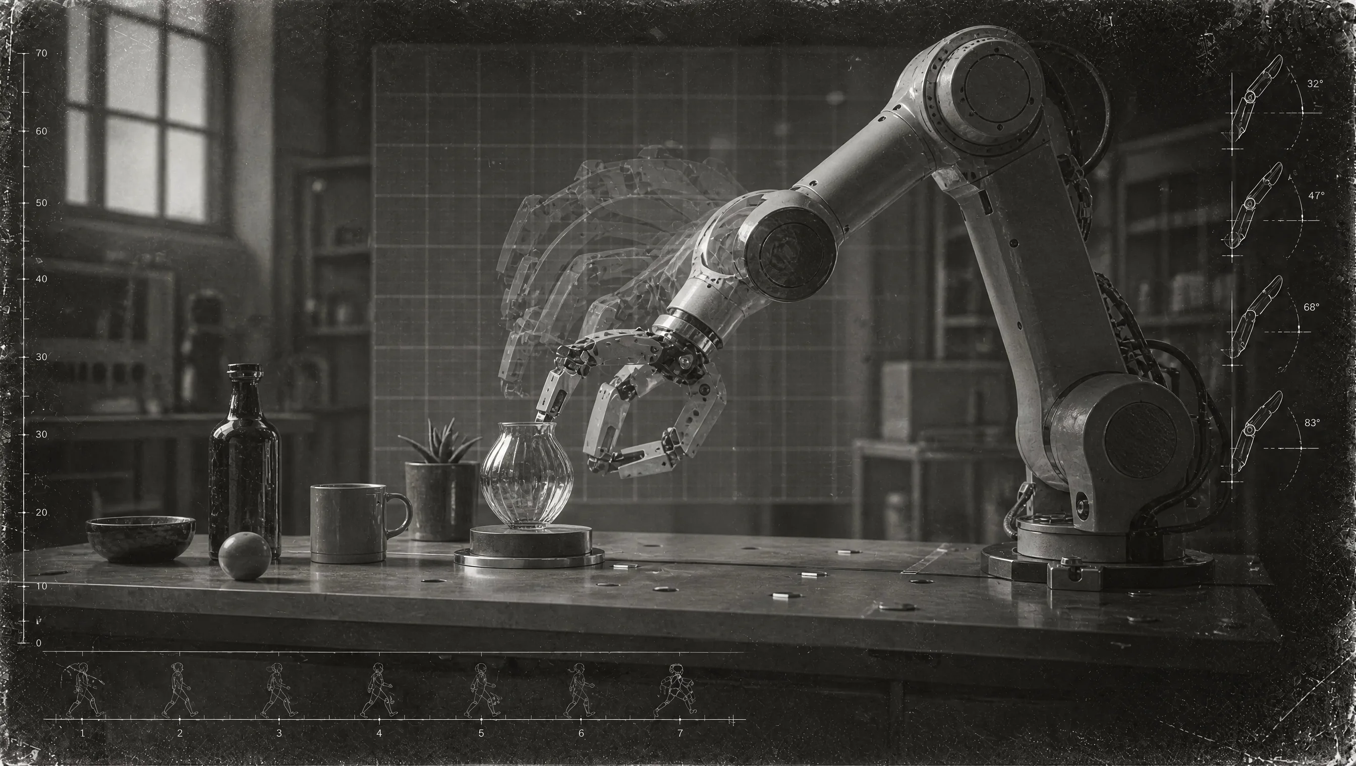 A robotic gripper tests precise, repeatable handling of a delicate glass vessel.