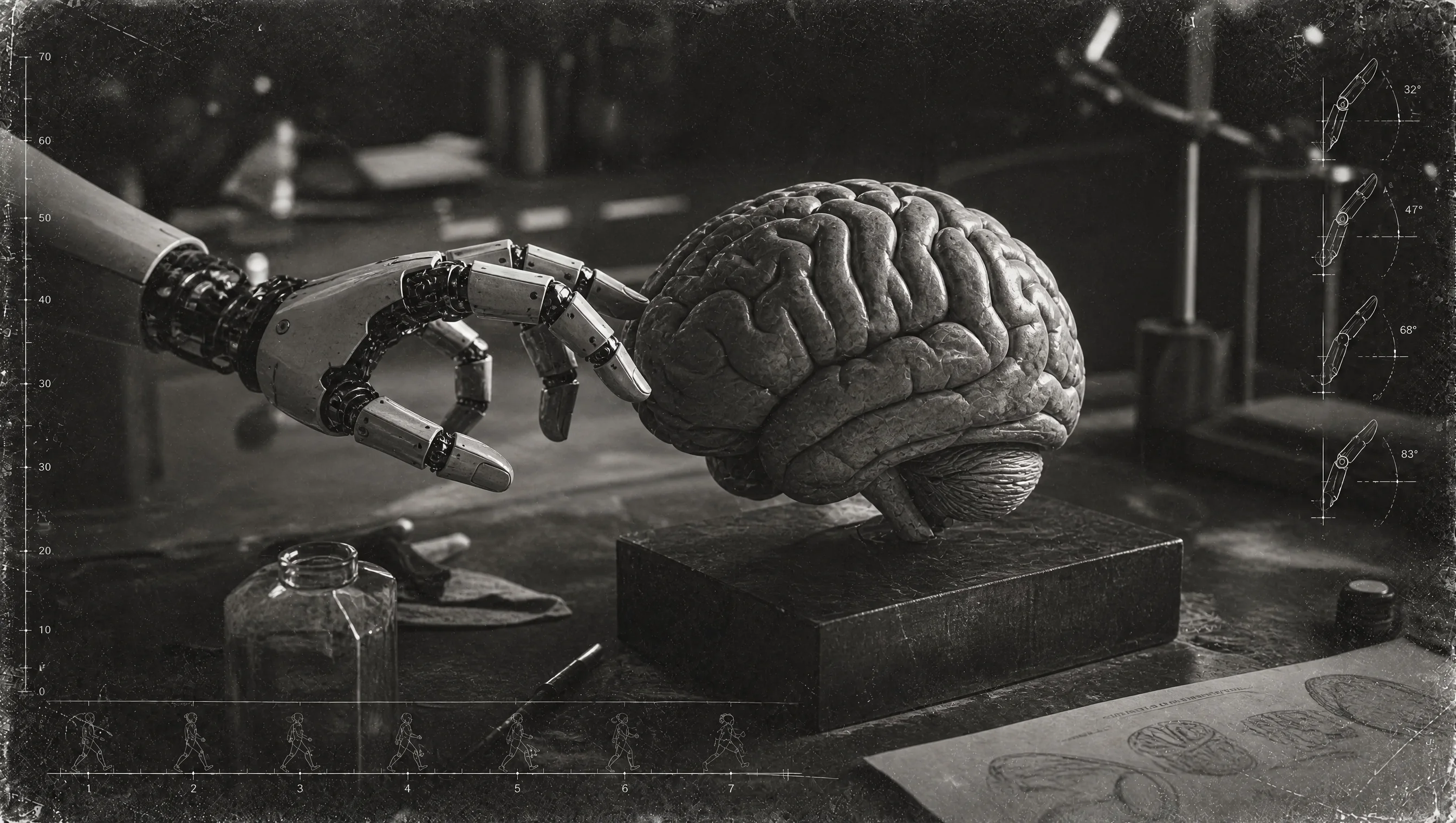 A graphite model of the human brain beside a robotic hand.