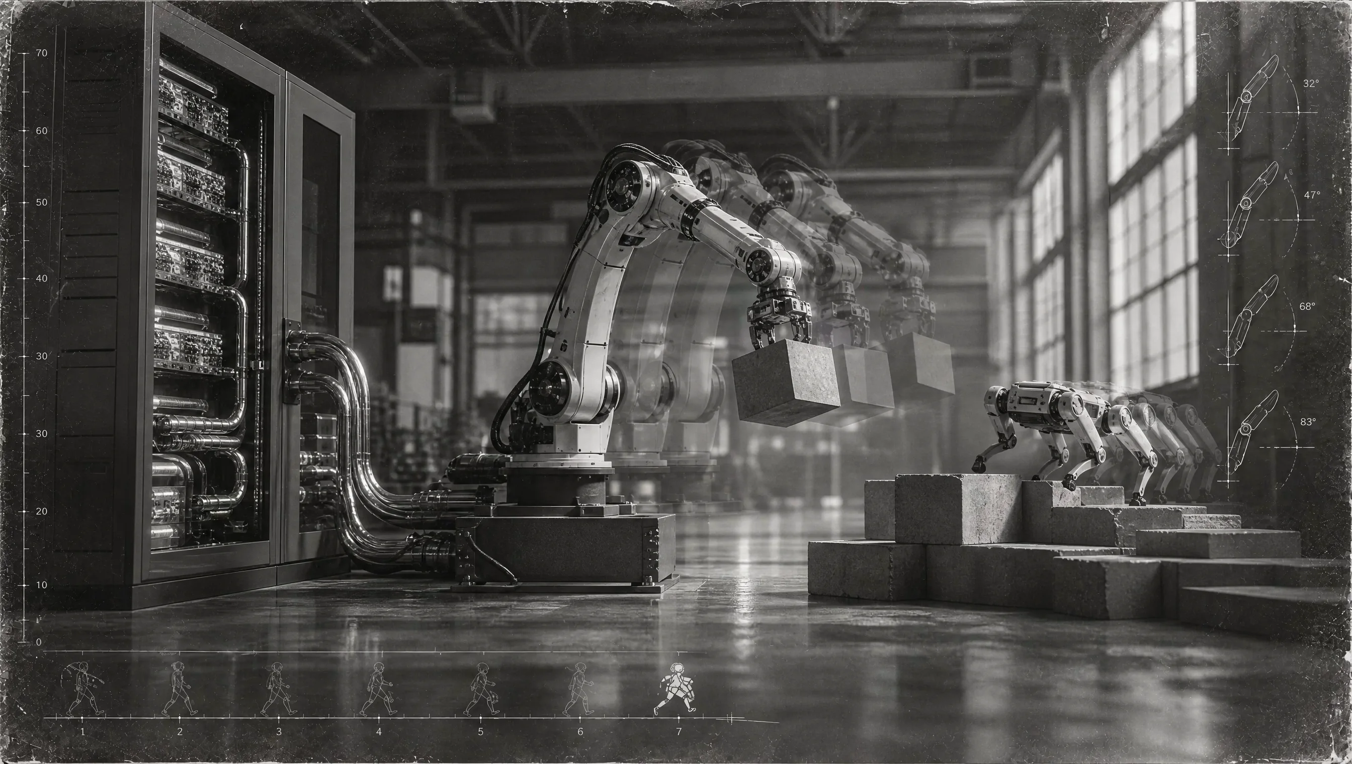A compute rack, robotic arm and quadruped show the different workloads of physical AI.