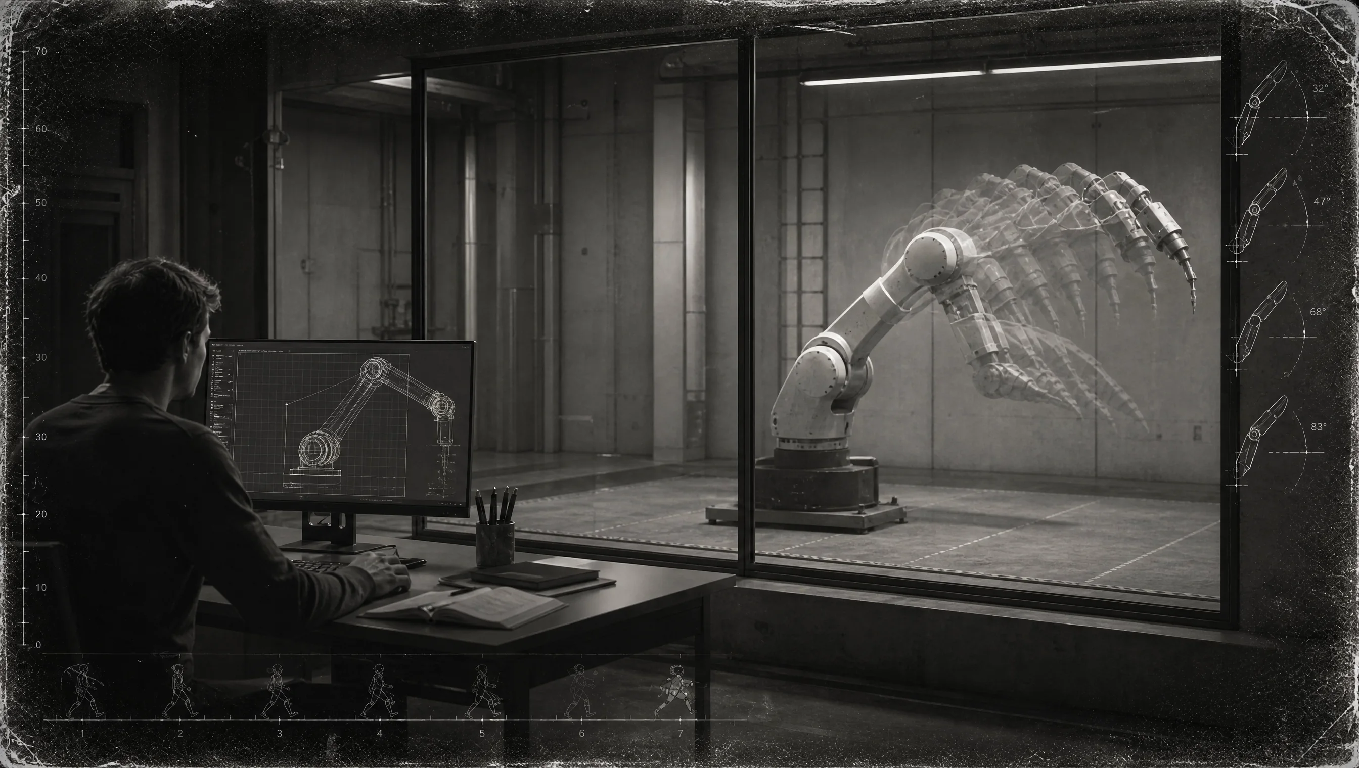 A roboticist works with a digital simulation overlooking a physical robot testing bay.