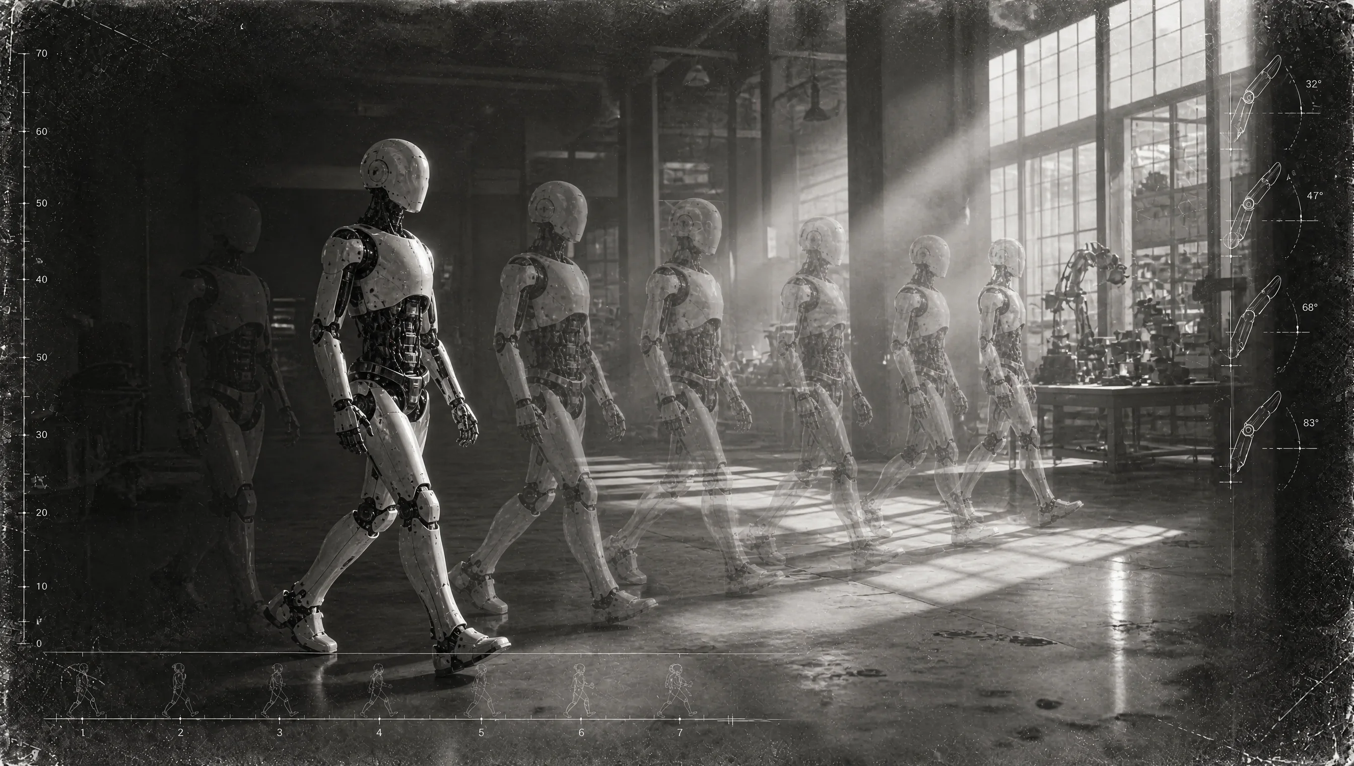 Humanoid robots move from a dark research hall into the light.