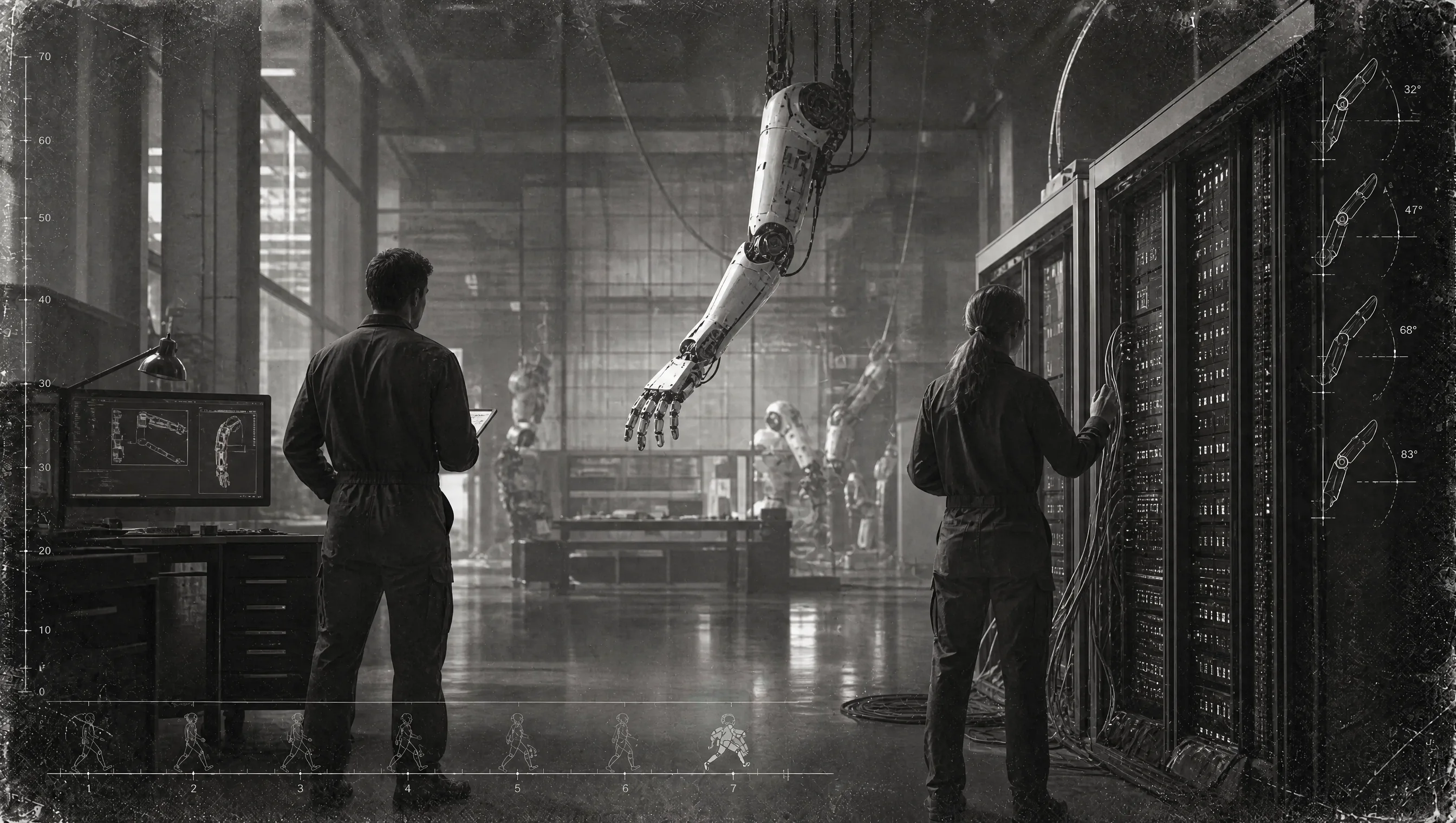 Infrastructure engineers study a robotic arm beside the compute systems that support it.