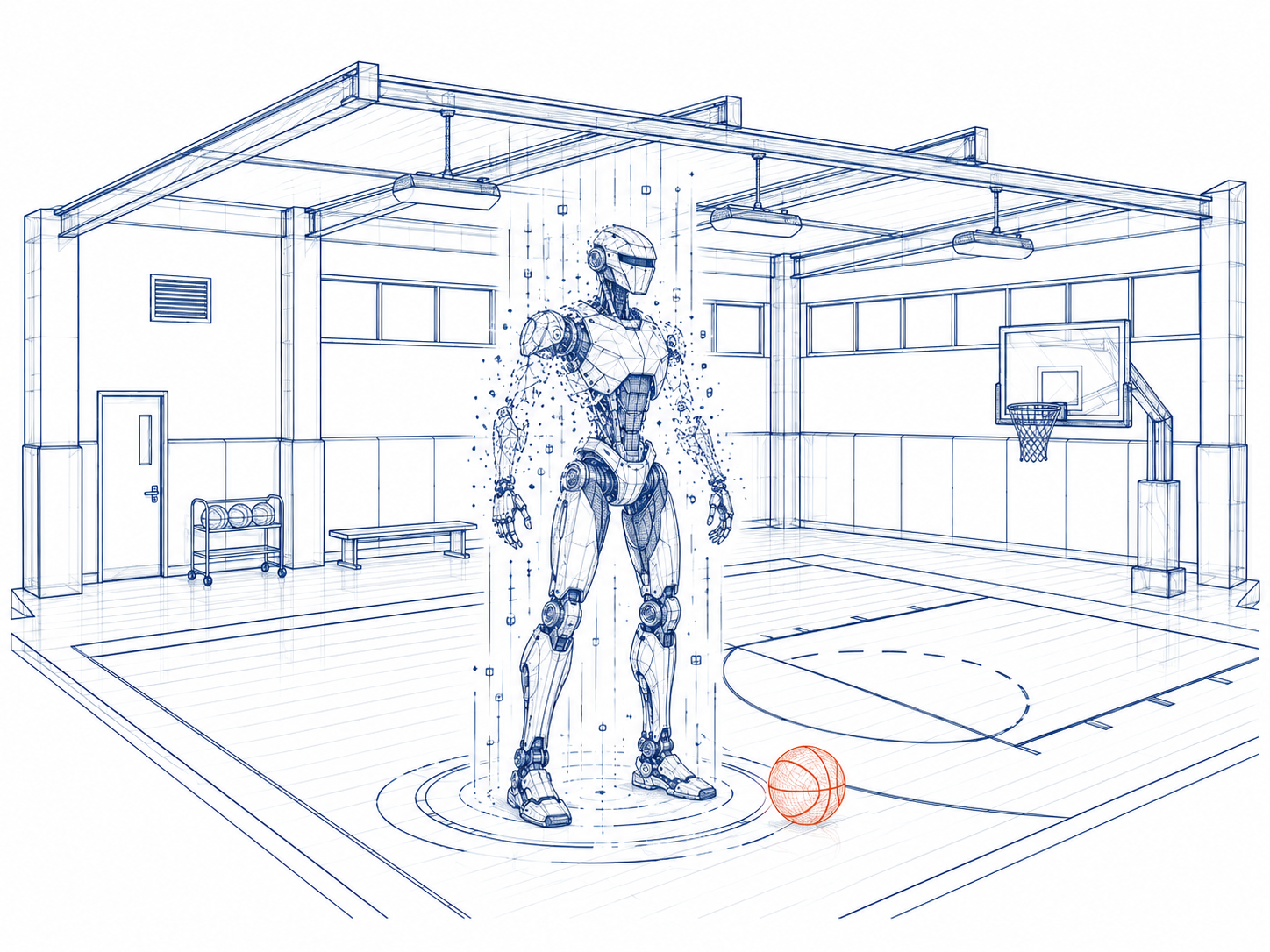 Navy wireframe gym with the athletic robot being summoned from scan lines, particles, and an assembling polygon mesh.