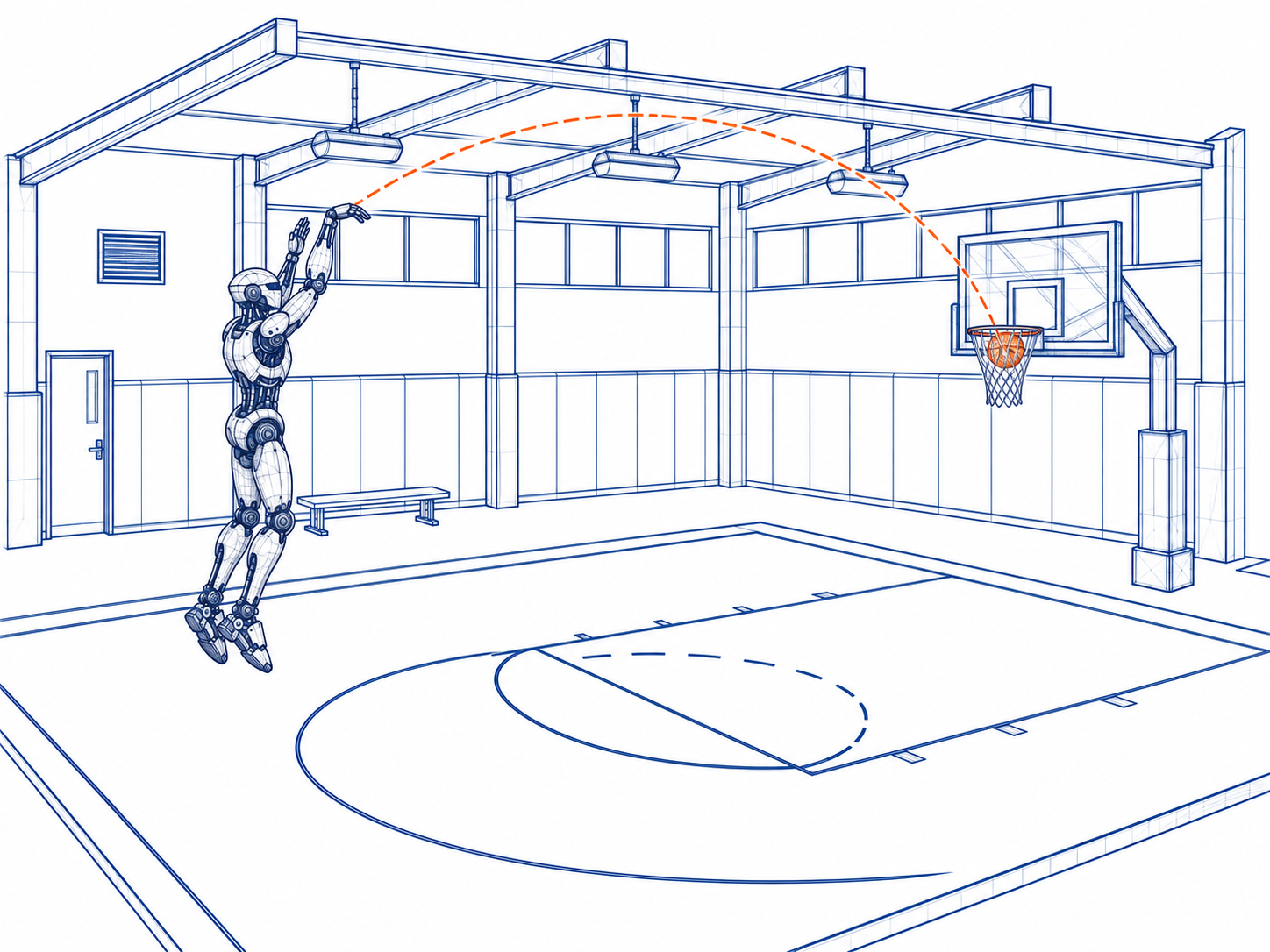 Wireframe robot airborne in a jump-shot follow-through, with an orange trajectory reaching the basketball hoop.