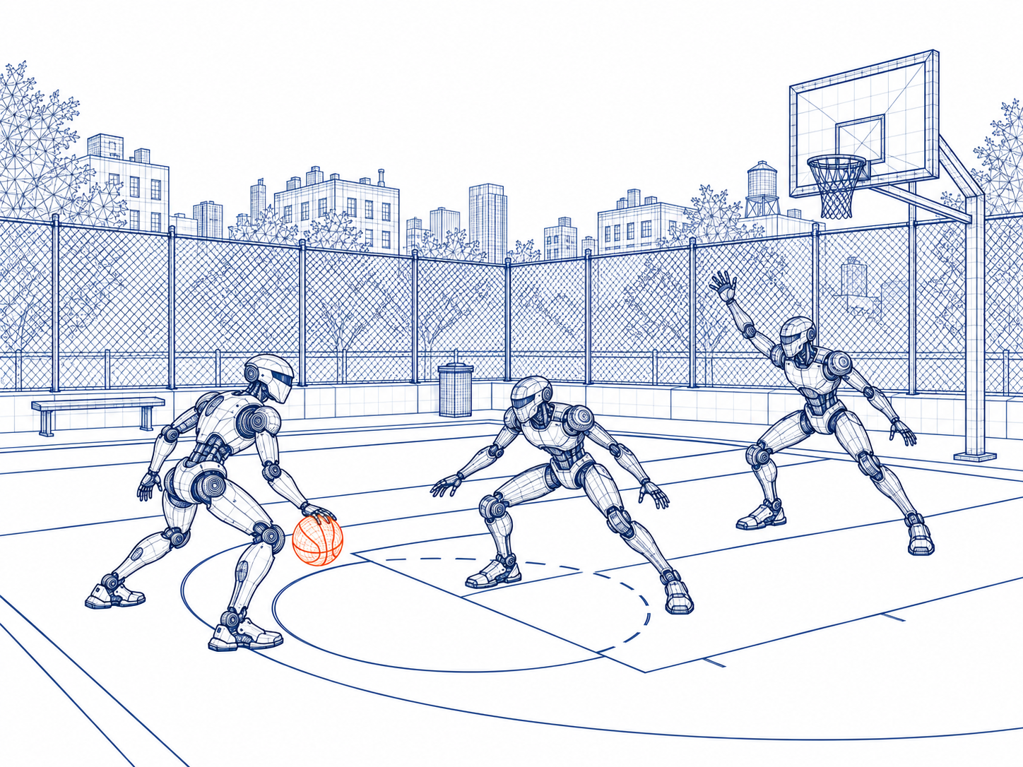 Wireframe outdoor basketball court with chain-link fencing, trees, city buildings, and the robot playing against two defenders.