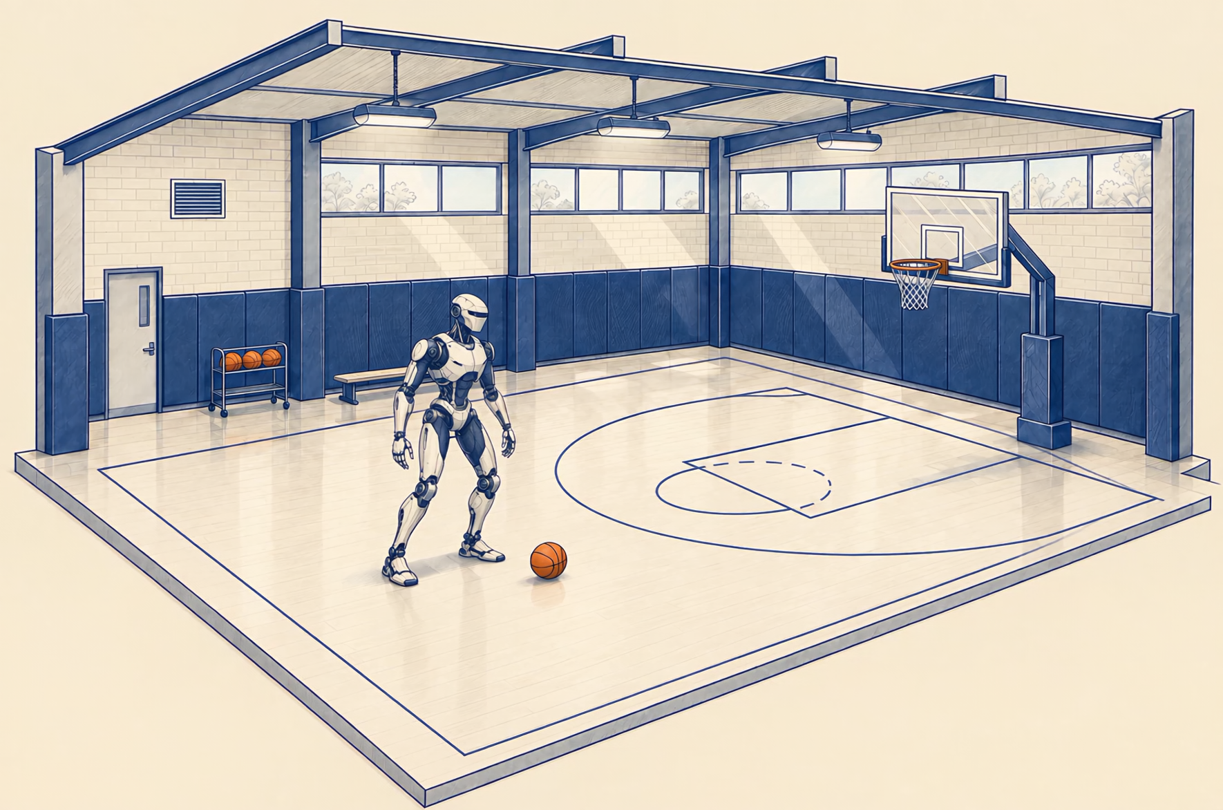 A navy architectural ink illustration of an indoor basketball simulation with the athletic helmeted humanoid, an orange basketball, padded walls, lights, bench, ball rack and hoop. These assets assemble digitally in the animation.