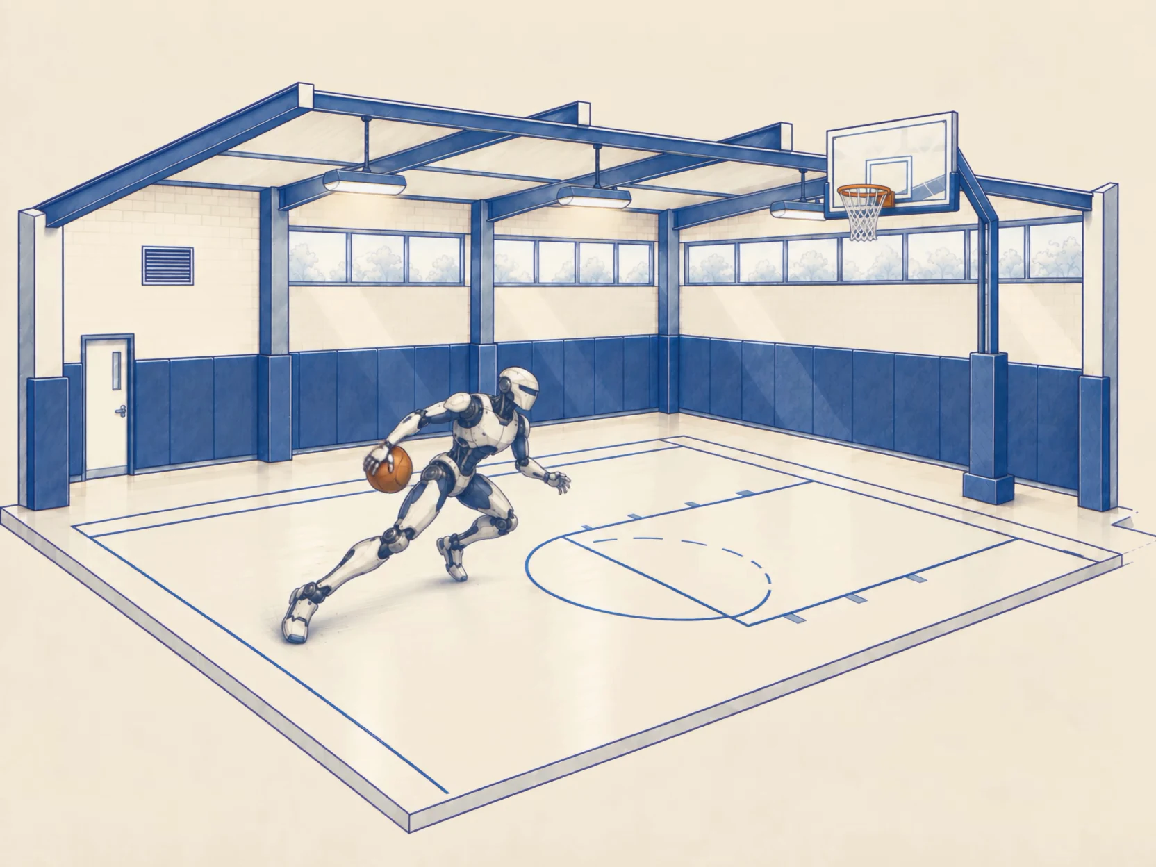 An ivory-and-navy humanoid attacks the basket in an indoor gym as the court fans into five parallel simulations performing distinct basketball moves, then returns through blue data paths.