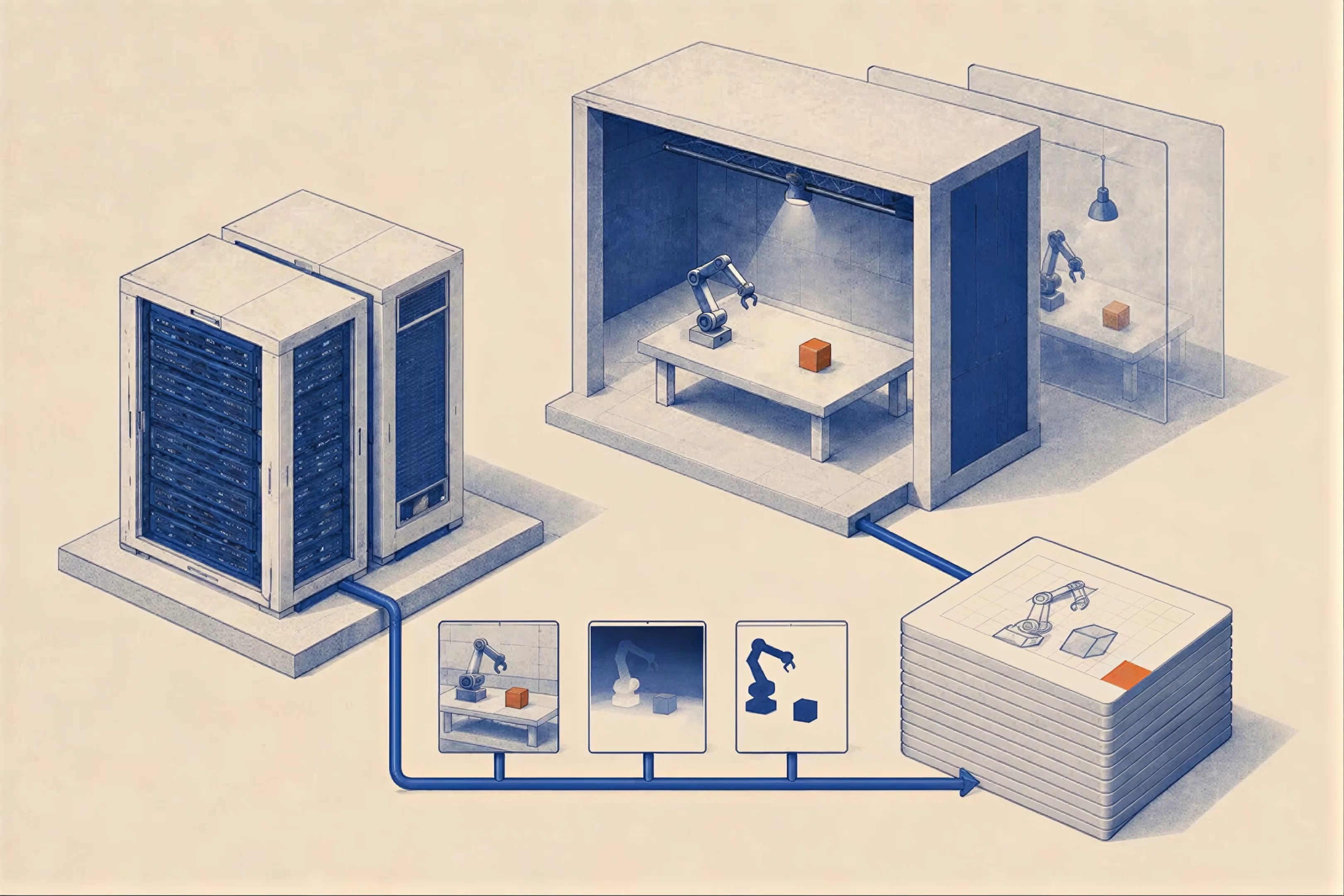 Generate the experience your models need. RTX rendering farms, illustrated in blue and ivory.