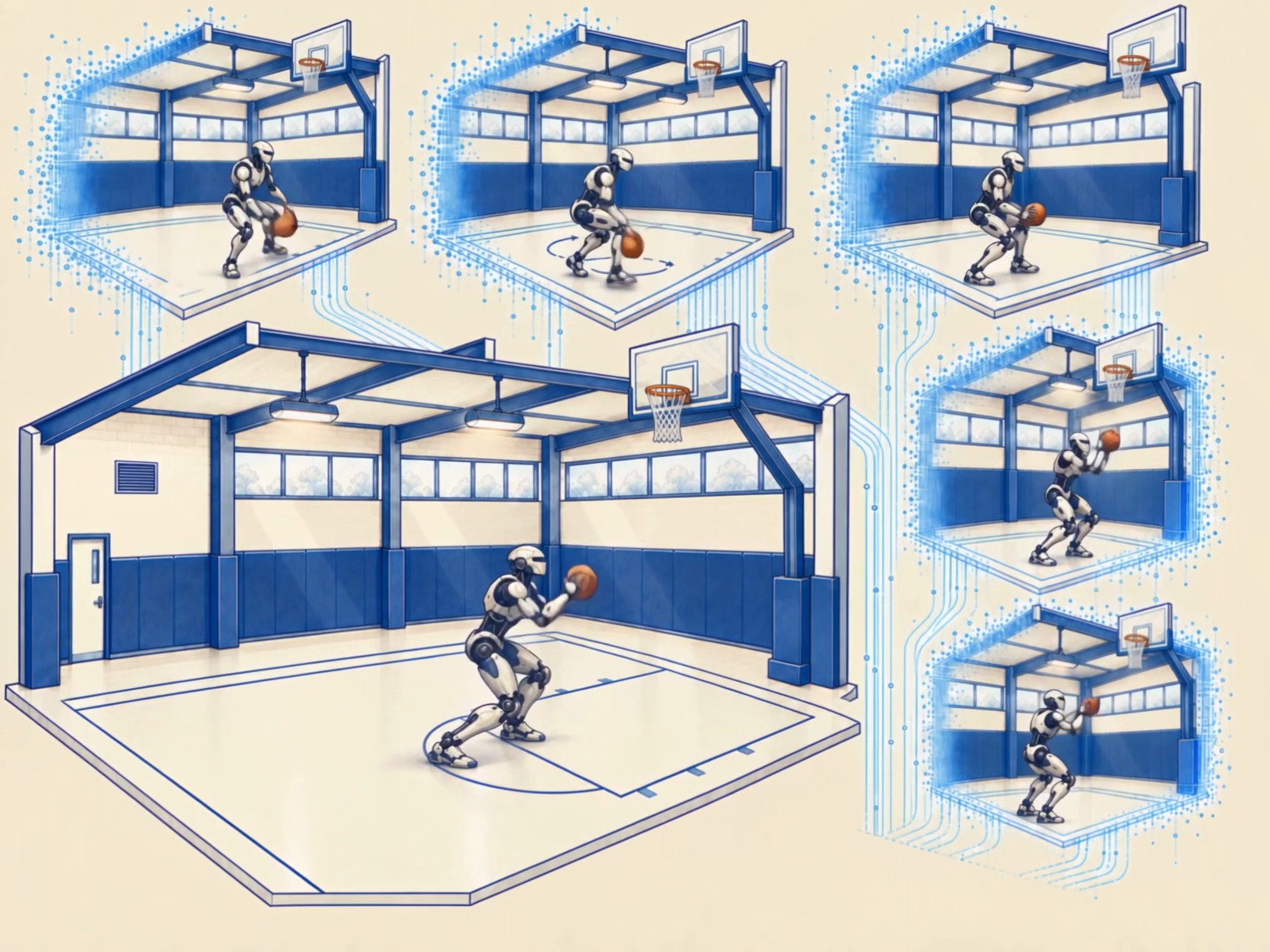 An ivory-and-navy humanoid attacks a fixed-height basket while five parallel gyms run distinct basketball moves, each with one active ball and connected blue data paths.