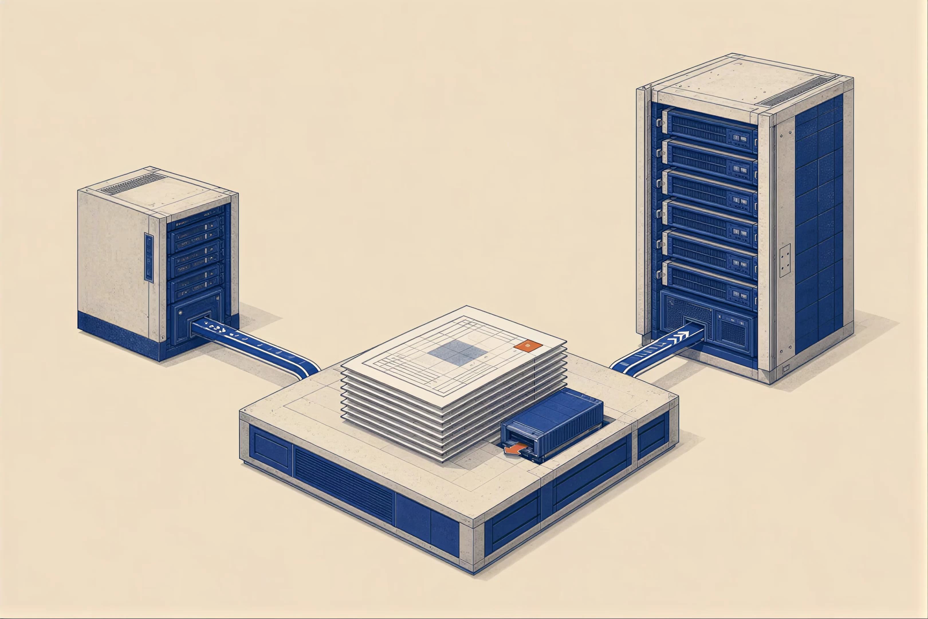 Change compute. Keep the dataset. Shared storage, illustrated in blue and ivory.