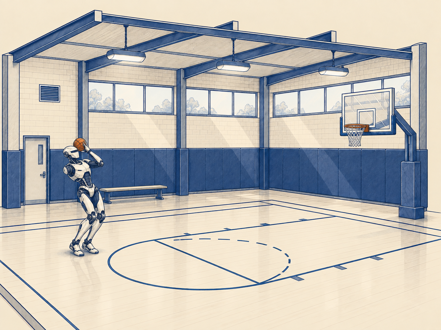 An ivory-and-navy humanoid misses a short basketball shot, absorbs a stream of model parameters, then uses improved form to make a flaming jump shot.