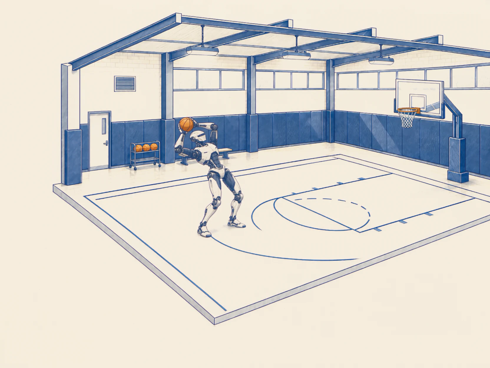 An ivory-and-navy humanoid misses a short basketball shot, absorbs a stream of model parameters, then uses improved form to make a flaming jump shot.