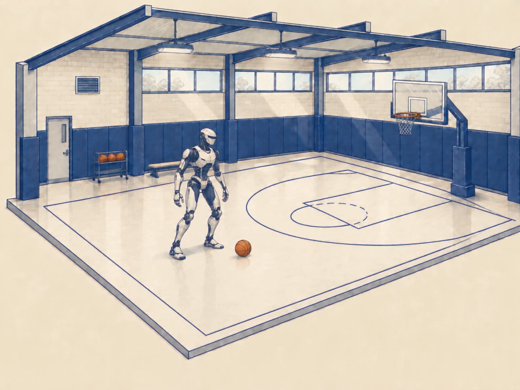 An ivory-and-navy humanoid misses a short basketball shot, absorbs a stream of model parameters, then uses improved form to make a flaming jump shot.