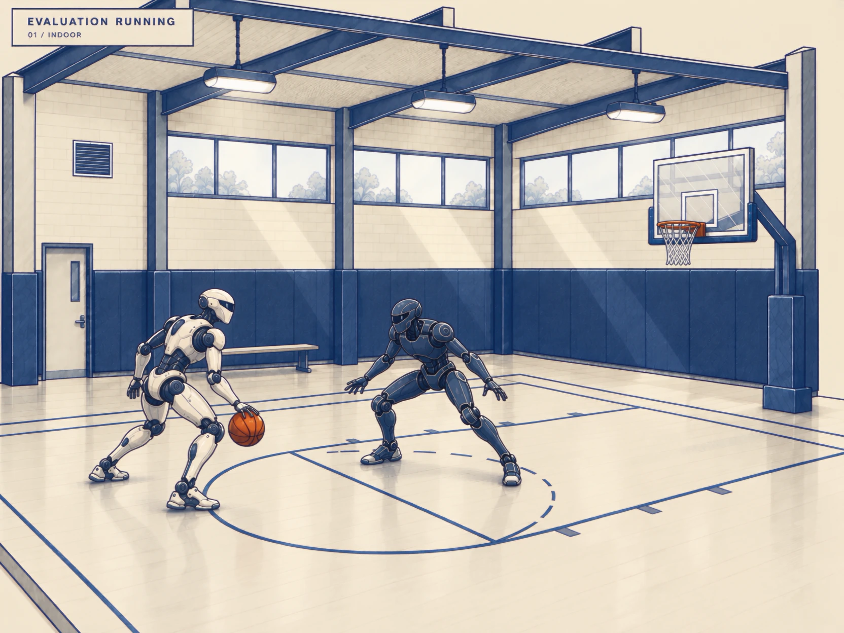 An ivory-and-navy humanoid scores against a defender indoors, then a holographic transition transforms the gym into outdoor blacktop. It scores against two defenders as the evaluation display confirms success.