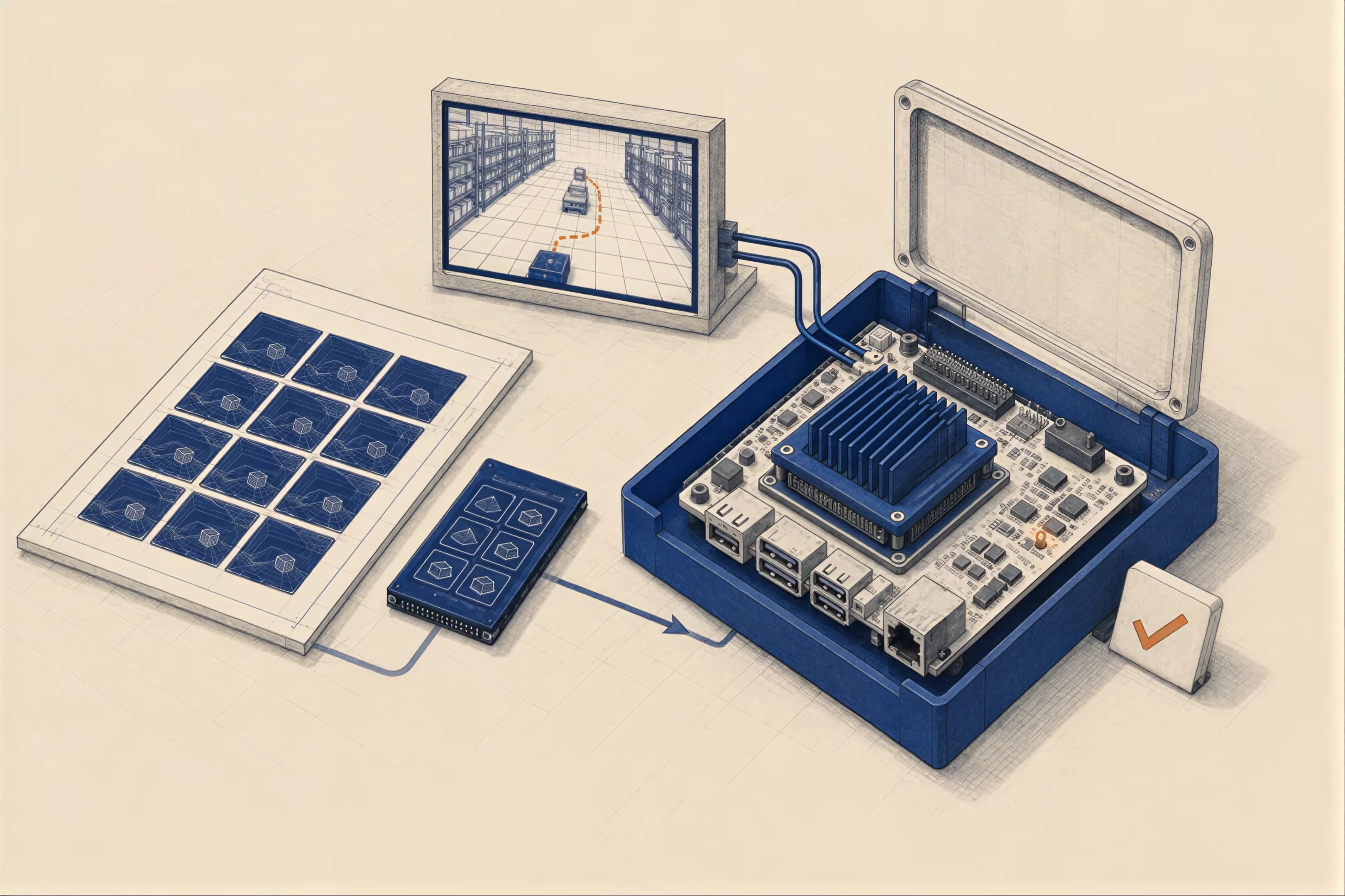 Validate on the hardware you’ll deploy. Physical Jetson tests, illustrated in blue and ivory.